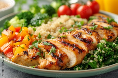 a well-portioned plate featuring grilled chicken, quinoa, and steamed vegetables