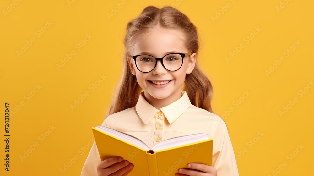 blond school girl in glasses and with book on the yellow background blond school girl in glasses and with book on the yellow background