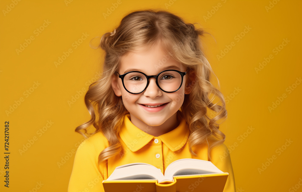 blond school girl kid 7-9 years in glasses on the yellow background, studio shot blond school girl kid 7-9 years in glasses on the yellow background, studio shot