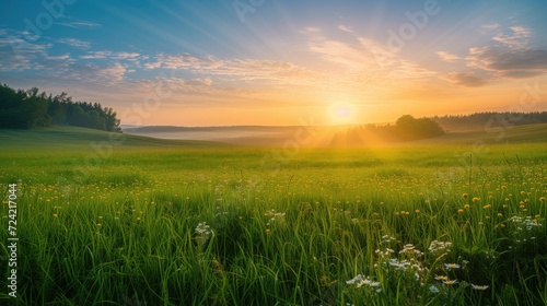 Beautiful field with colorful wild flowers foggy landscape at sunrise or dawn