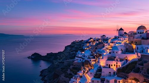 a village on the island, its whitewashed houses with blue-domed roofs that cascade down the cliffs overlooking the sea.