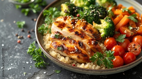 a well-portioned plate featuring grilled chicken, quinoa, and steamed vegetables
