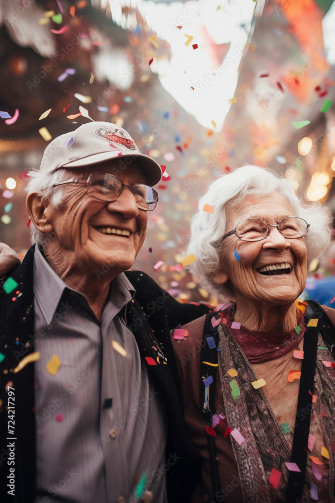 The 70 year old couple smiles at the carnival with confetti. Nice retired couple celebrating carnival laughing and enjoying the party.