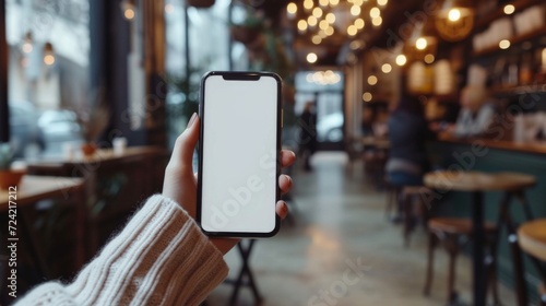 A Woman's Hand Holding a Phone with White Blank Screen at a Coffee Shop