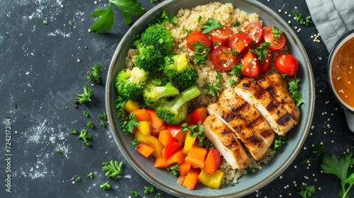 a well-portioned plate featuring grilled chicken, quinoa, and steamed vegetables