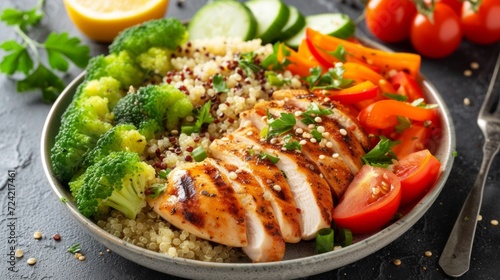 a well-portioned plate featuring grilled chicken, quinoa, and steamed vegetables