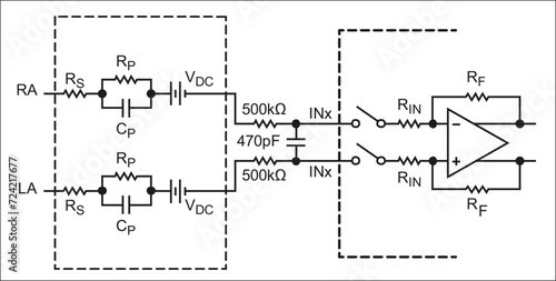 Technical schematic diagram of analog electronic device. Vector drawing electrical circuit with operational amplifier, capacitor, resistor, power supply, other electronic components.