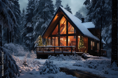 A tranquil scene of a wooden cabin in a snowy forest, illustrating peace and winter beauty. Concept of winter tranquility and nature retreat. Generative Ai.