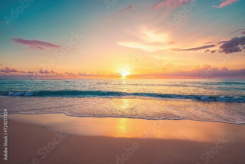 Paradise get-away Environment in Bora Bora. Tourism wallpaper with Majestic Sunrise Beach. photo