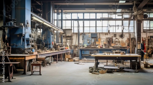 A metalworking shop, where tools and workbenches sit untouched. Layers of metal filings reveal the skilled craftsmanship that once filled this industrial space. Generative AI.