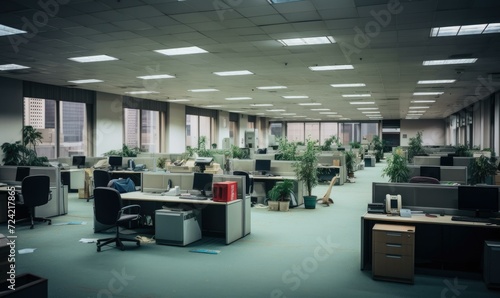 An empty office with desks and plants. Generative AI.