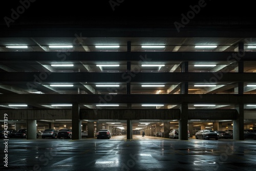 A parking garage at night with cars parked in it. Generative AI.