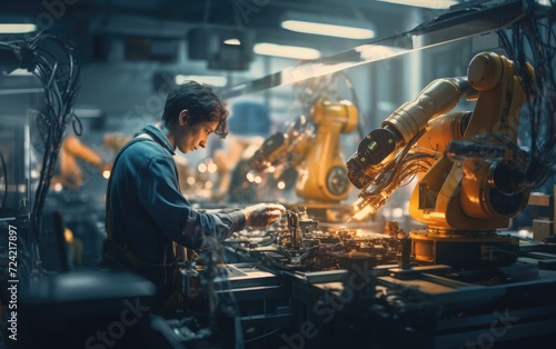 A skilled technician programs and maintains robotic arms, blending human expertise with automation. Generative AI. © serg3d