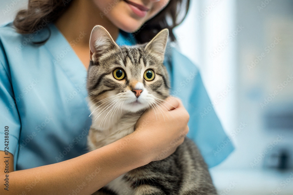 Veterinarian examining cat on table in veterinary clinic, Veterinary caring of a cute cat, healthcare of your pet	