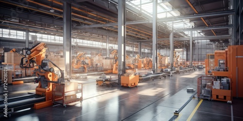 A state-of-the-art logistics center with automated machinery and robots efficiently moving goods through the sorting and shipping process. Generative AI. photo