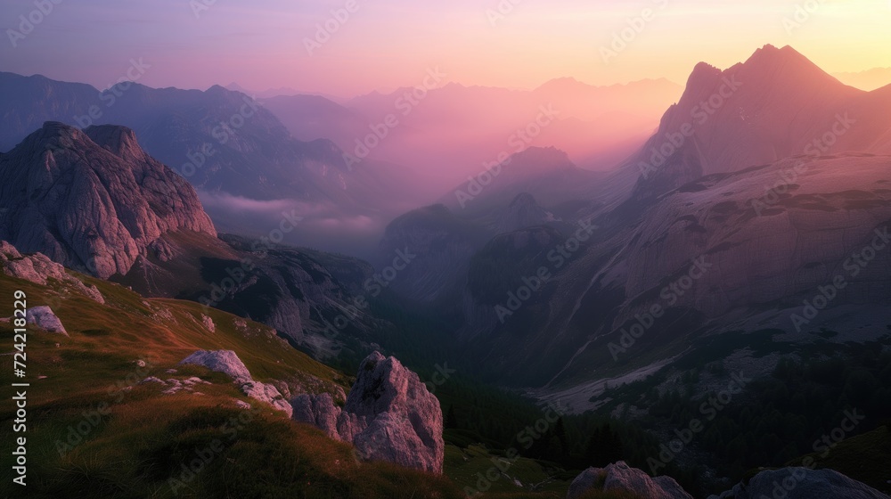 Beautiful rocky mountainous landscape at purple pink dawn