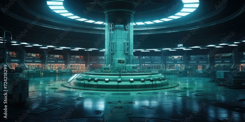 A futuristic nuclear reactor hall with overhead cranes, concrete