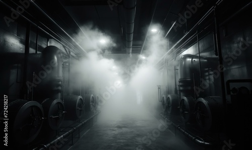 A mysterious chamber shrouded in steam and fog, where shapes materialize from the mist, unveiling unseen products. Generative AI. photo