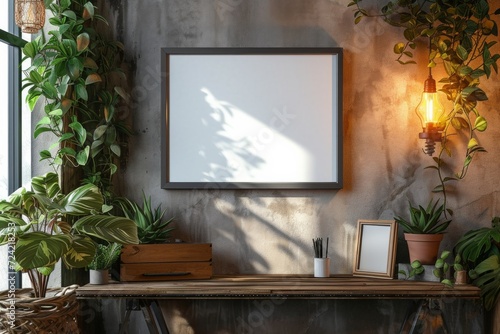 an empty frame hanging on a wooden top desk