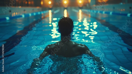 An athlete swimmer is preparing to jump into a blue pool