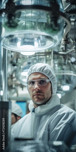 A skilled bioprocessing engineer oversees biotech production in a sterile pharmaceutical manufacturing unit. Generative AI.