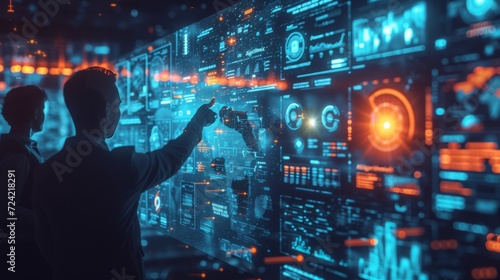 Executives collaborate on a project, utilizing sophisticated algorithms and A...