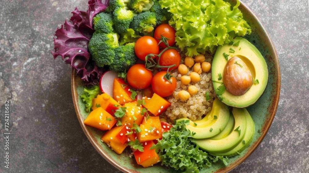 An artfully arranged bowl featuring a colorful medley of fresh vegetables, quinoa, and avocado slices
