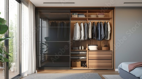 Wardrobe - Sliding doors. Modern interior, 3D illustration photo