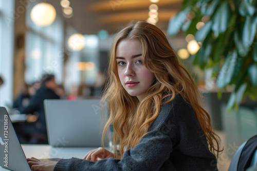 a young woman using a laptop in an office