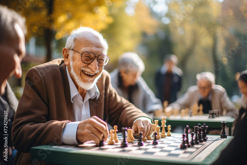 A group of elderly people enjoying a chess game in the park, symbolizing leisure and wisdom. Generative Ai.