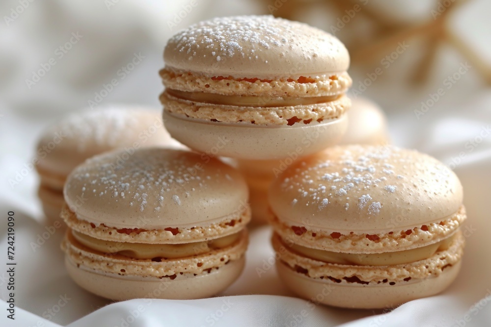 Exquisite macarons with beige filling, handmade, perfect treat for coffee