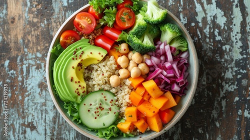 An artfully arranged bowl featuring a colorful medley of fresh vegetables, quinoa, and avocado slices © olegganko