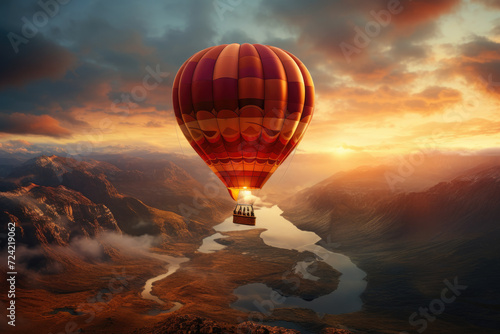 A scenic hot air balloon ride at sunrise, depicting adventure and breathtaking views. Generative Ai.