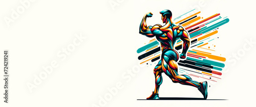 Abstract vector illustration of a muscular figure flexing, with vibrant multicolored patterns against a white background.
