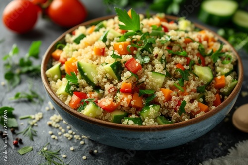 An appetizing bowl filled with a quinoa salad adorned with a variety of crunchy vegetables and herbs