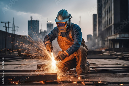 Skilled builder welder working on a steel structure at a busy construction site. Ideal for illustrating industrial processes and construction projects