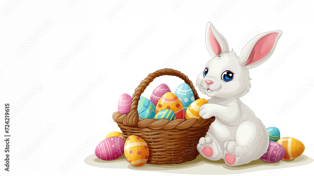 Illustration of white bunny near Easter basket with colored eggs, white background, copy space. Illustration of white bunny near Easter basket with colored eggs, white background, copy space.