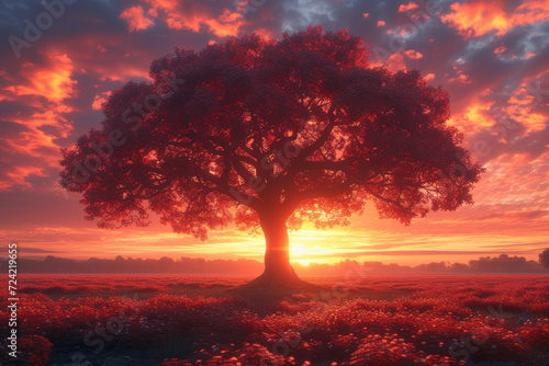 A solitary tree standing tall in a vibrant sunrise, capturing the serenity of nature. Concept of tranquility and natural beauty. Generative Ai.