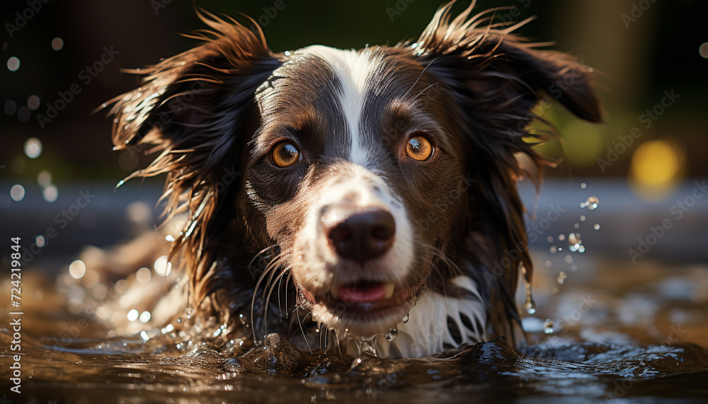 Cute puppy sitting outdoors, looking at camera, wet from rain generated by AI Cute puppy sitting outdoors, looking at camera, wet from rain generated by AI