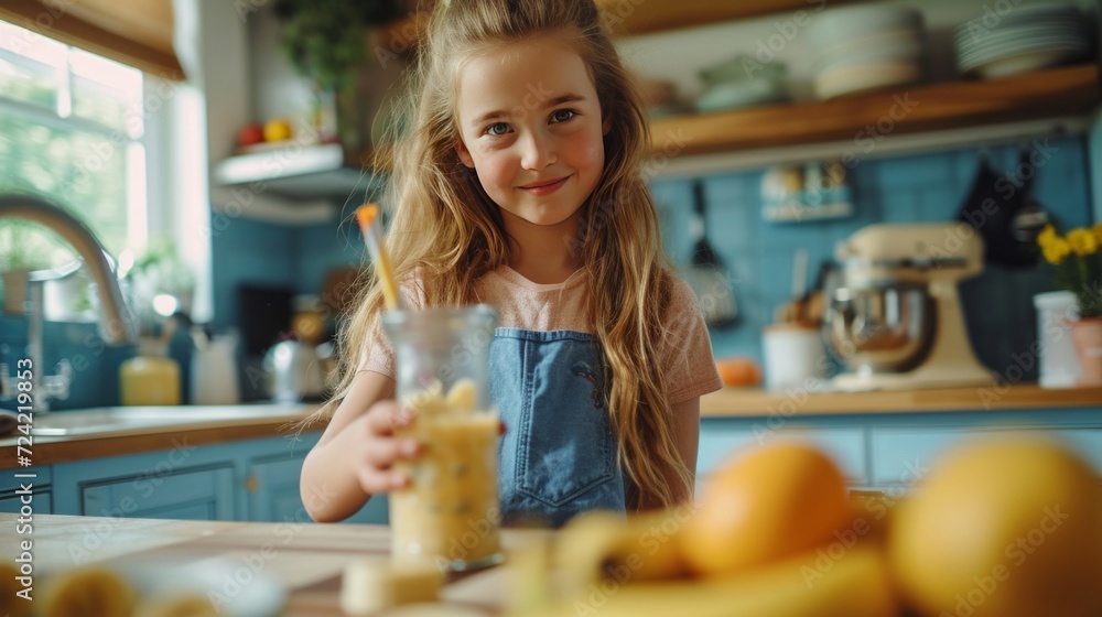 A young girl makes a banana smoothie in a shaker in a bright kitchen
