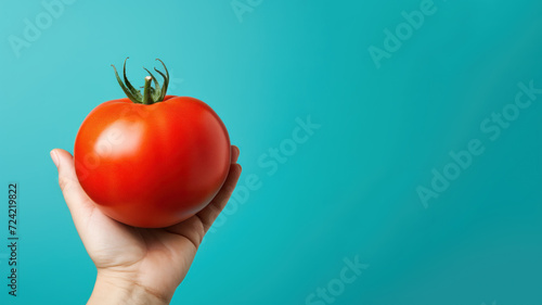 Hand holding tomato fruit isolated on pastel background photo