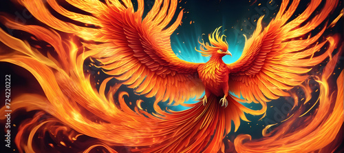 Majestic Phoenix Rising From Flames in a Mythological Illustration photo