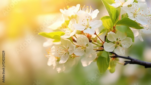 White Spring Blossoms and Flowers on Green Background, Light and Color Effects photo