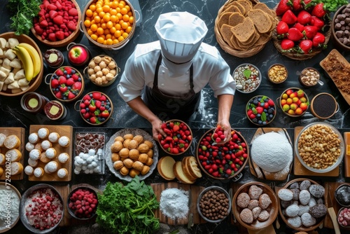 An overhead shot of a pastry chef surrounded by an array of colorful ingredients