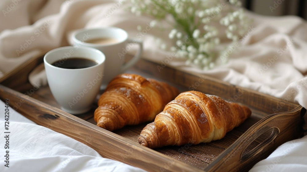 A Wooden Tray with Coffee and Croissants for Breakfast in Bed
