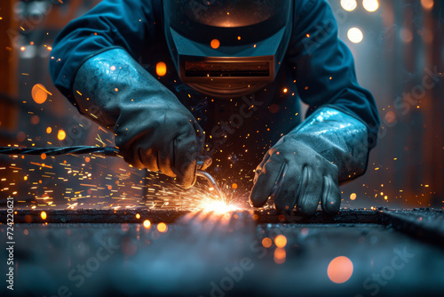 A close-up of a welder's hands at work, showcasing the skill and precision required in industrial craftsmanship. Concept of skilled labor. Generative Ai.