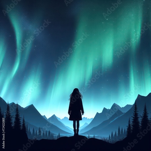 Girl standing against the background of the northern lights.