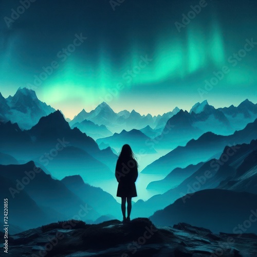 Silhouette of a girl standing among the mountains against the background of the northern lights.