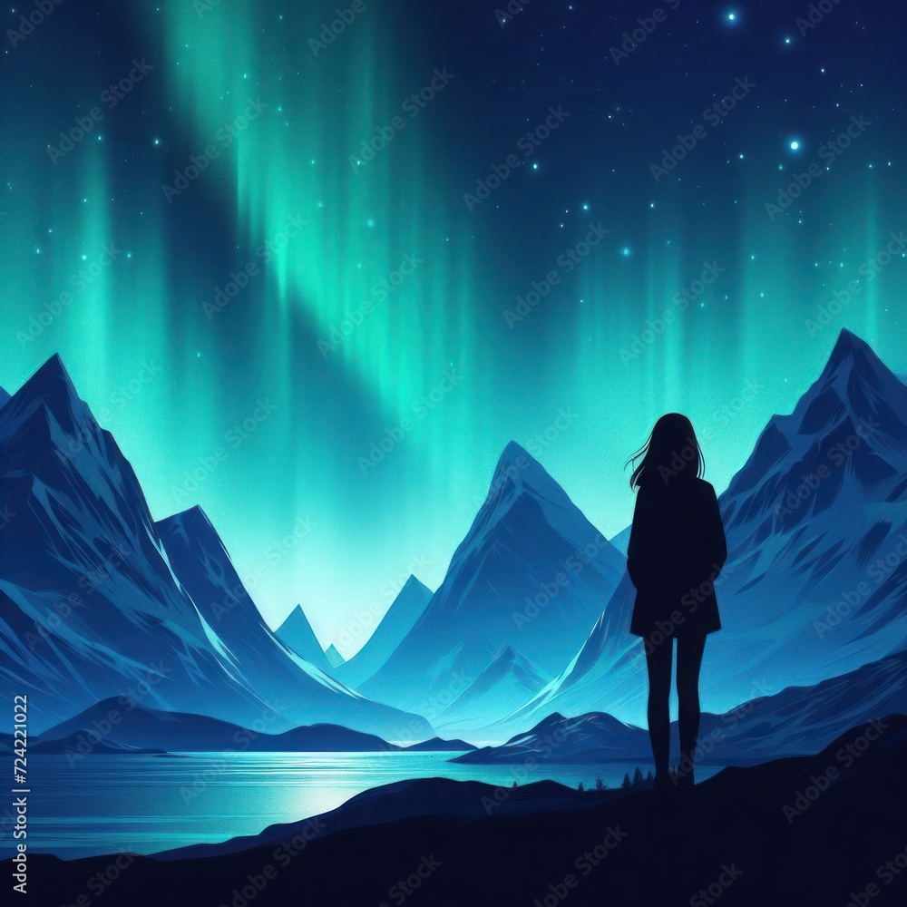 Silhouette of a lonely girl standing against the background of mountains and northern lights.