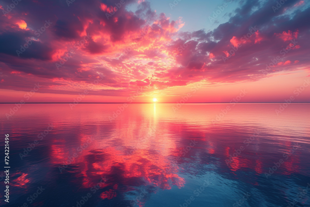 Reflections of a colorful sunrise on the surface of a calm lake, embodying the peaceful harmony between water and sky. Concept of morning serenity. Generative Ai.